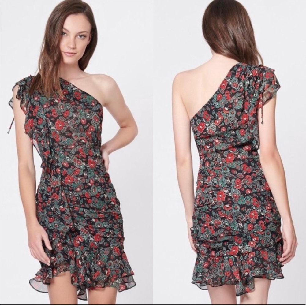 Veronica Beard One-Shoulder Floral Mini Dress - Black and Red